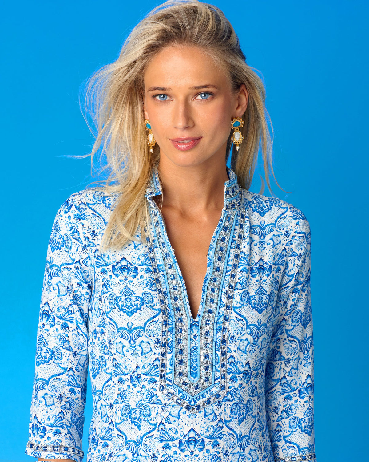 Shalimar Long Tunic Dress in Sapphire Jewel Embellishment